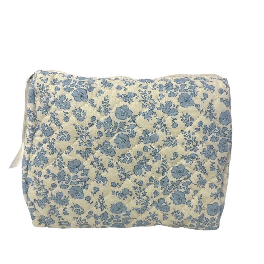 Floral Quilted Cosmetic Bag Blue & Cream Makeup Pouch, Travel Toiletry Zipper